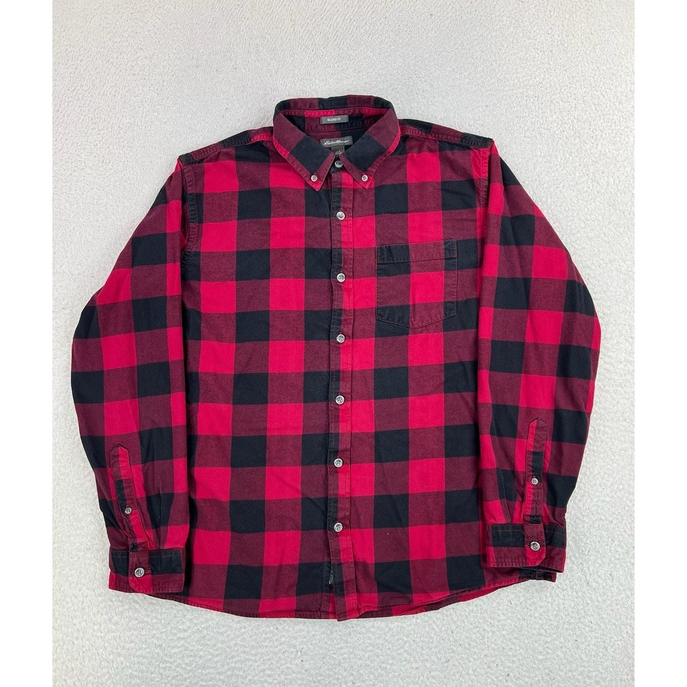 Eddie Bauer Shirt Mens Large Red Plaid Flannel Button Up Long Sleeve Relaxed Fit